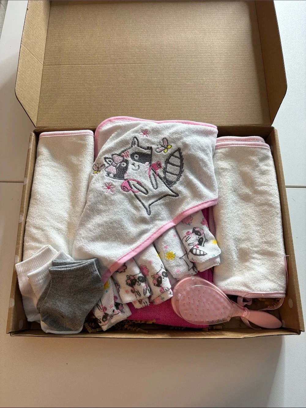 Pink Baby Bath and Hooded Towel Set with Raccoon Design